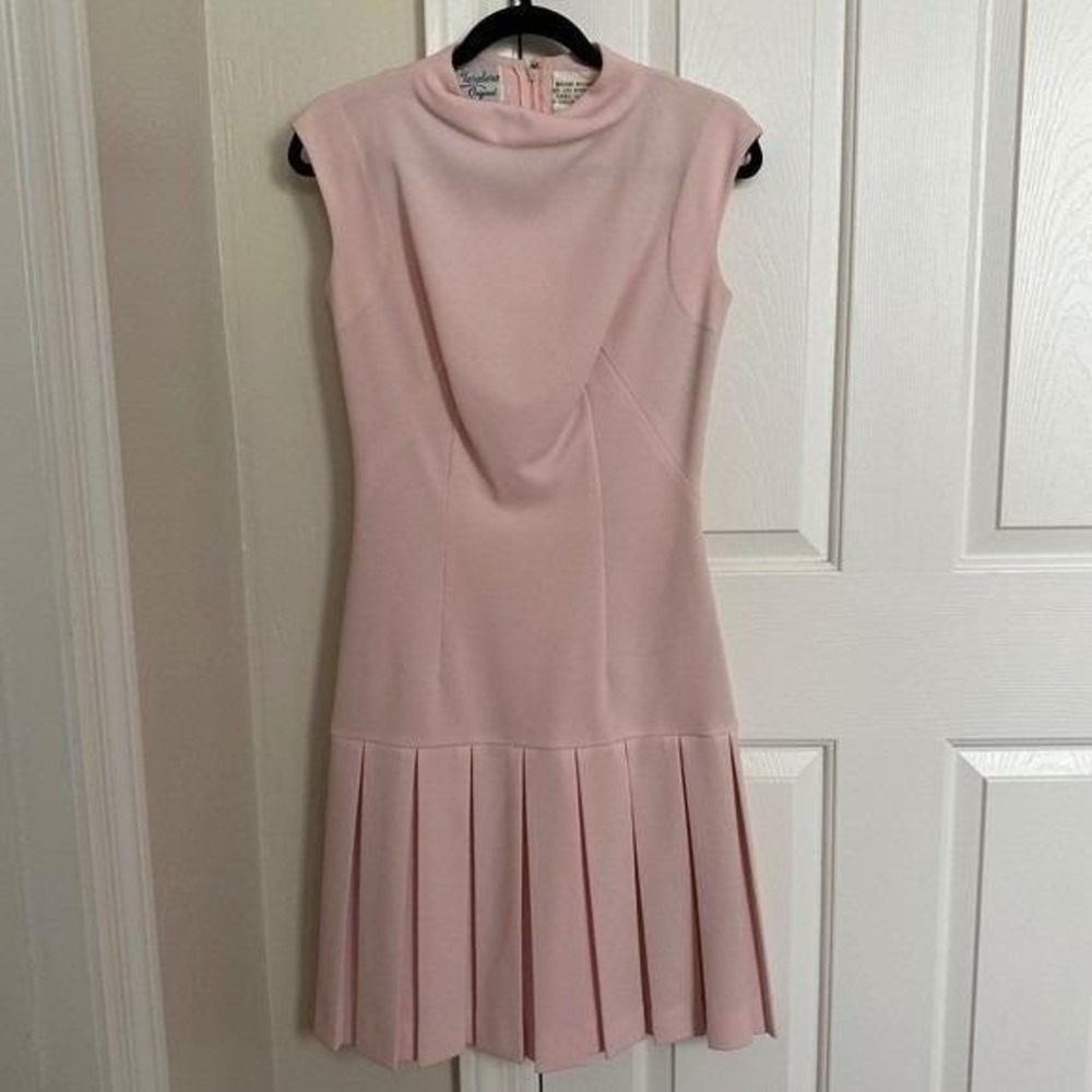 Vintage 60s Claralura Original California Pink‎ Pleated Dress Drop Waist Mod Sm
